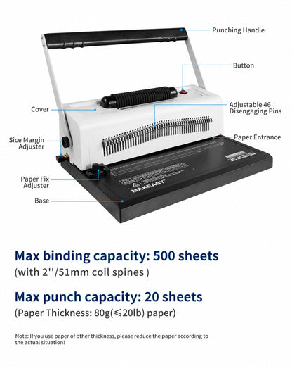 MAKEASY Spiral Coil Binding Machine with 46 Fully Disengaging Pins - 4:1 Pitch - Electric Coil Inserter - Adjustable Side Margin, Comes with Free 1 Box Coil Spines & Plier, 20 Sheet Punch Capacity