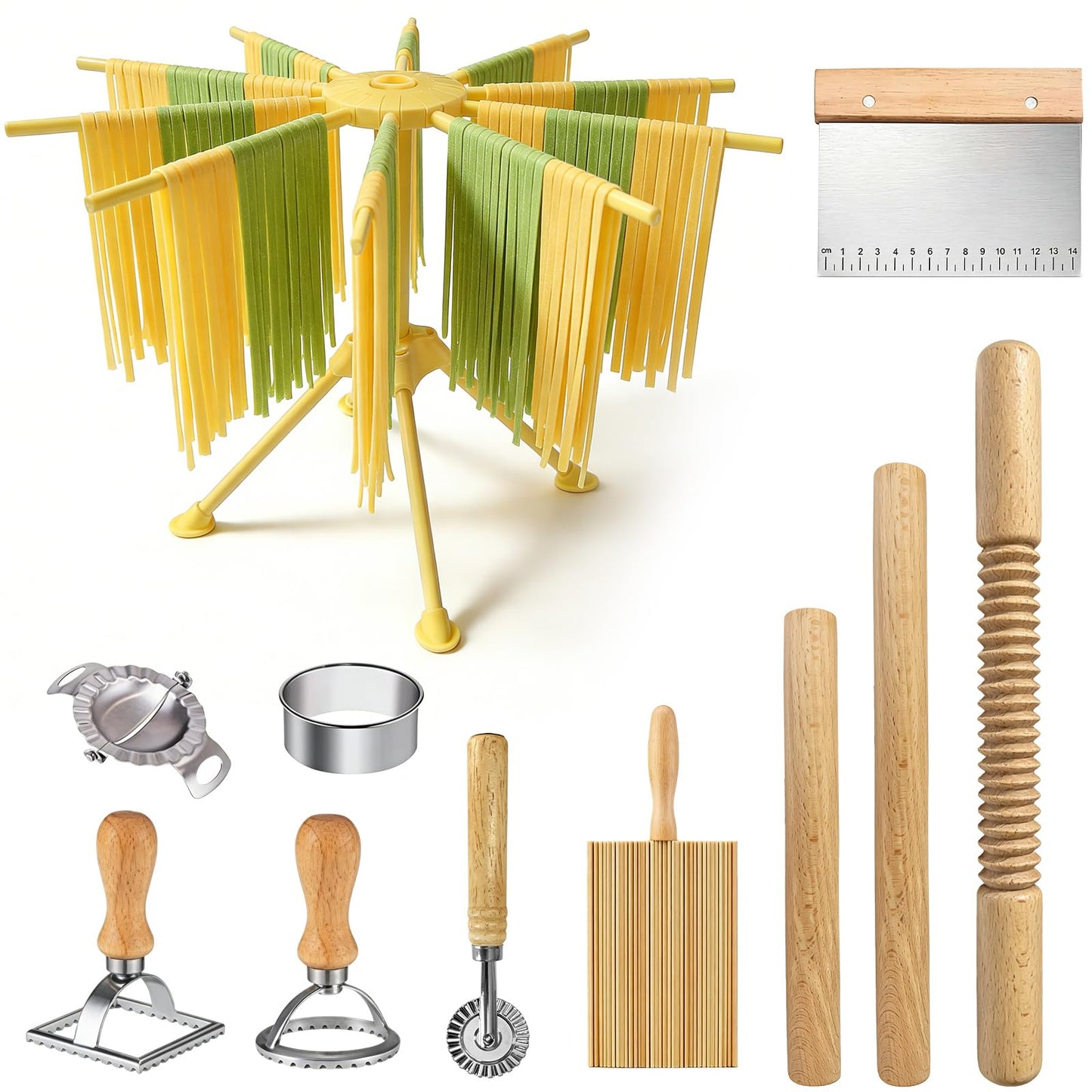 11 Pcs Pasta Making Tools-3 Size Rolling Pins，2 Dumpling Molds，Dumpling Marker，Square and Round Pasta Stamp,Dough Cutter,Pasta Drying Rack,Gnocchi Board,Pasta Making Kit Accessories for Home