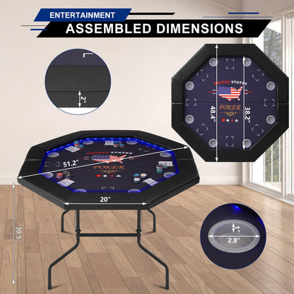 REAHOISY Foldable Poker Table with LED Lights, Octagon Casino Leisure Texas Holdem Table for 8 Player, Folding Blackjack Table w/Built-in LED Light, Padded Rails & Cup Holders for Home Game Room