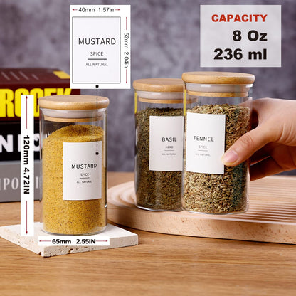 Glass Spice Jars with Bamboo Lids - 20 Pcs Thicken(2.4mm) 4oz Airtight Seasoning Containers with 131 Waterproof Minimalist Spice labels Preprinted - Small herb Jars for Pantry Organization and Storage