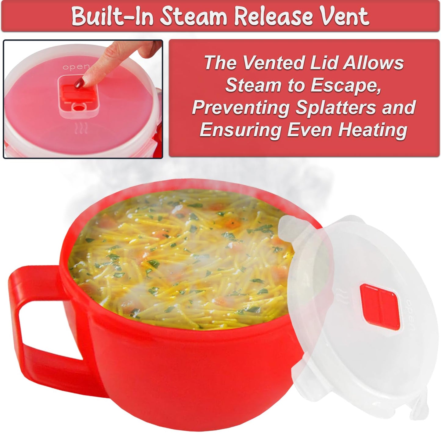 Home-X Set of 2 Microwave Bowls with Lid - Ramen Bowl Microwavable with Steam Release Vents and Easy Locking Clips - BPA-Free, Dishwasher Safe 32oz Soup Mugs with Handle Microwave Safe