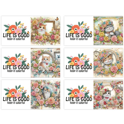 6 Pack 5D DIY Diamond Painting Cat Garden Greeting Card Kit, Diamond Art Christmas Birthday Holiday Greeting Card, Art Crafts Kit Creative with Envelope