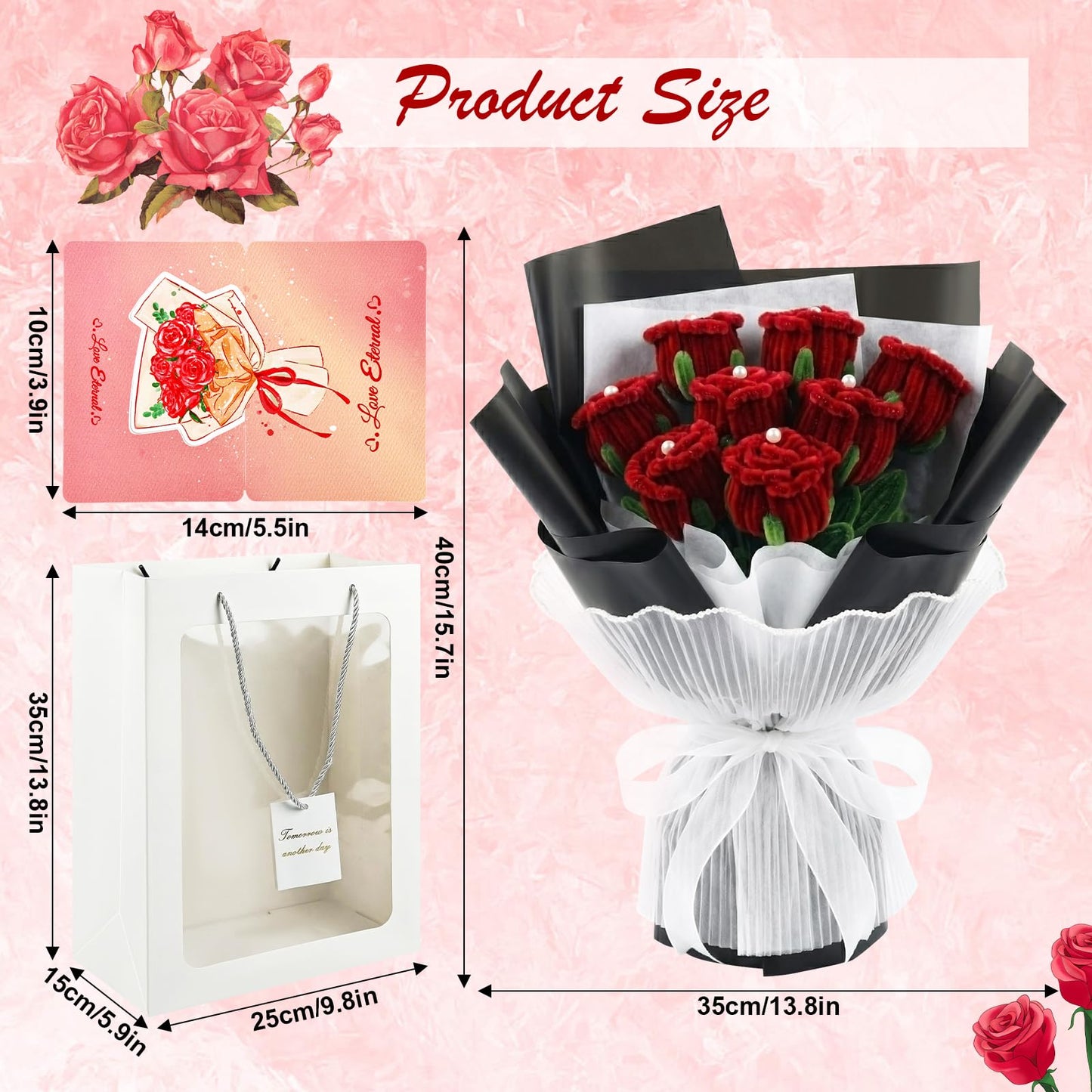 CANEGGG Finished Pipe Cleaner Flower Bouquet, Handmade Knitted 8 Red Rose Bouquet, Gifts for Mom, Birthday Gifts for Women, Forever Rose for Her Grandma Girlfriend on Anniversary Graduation