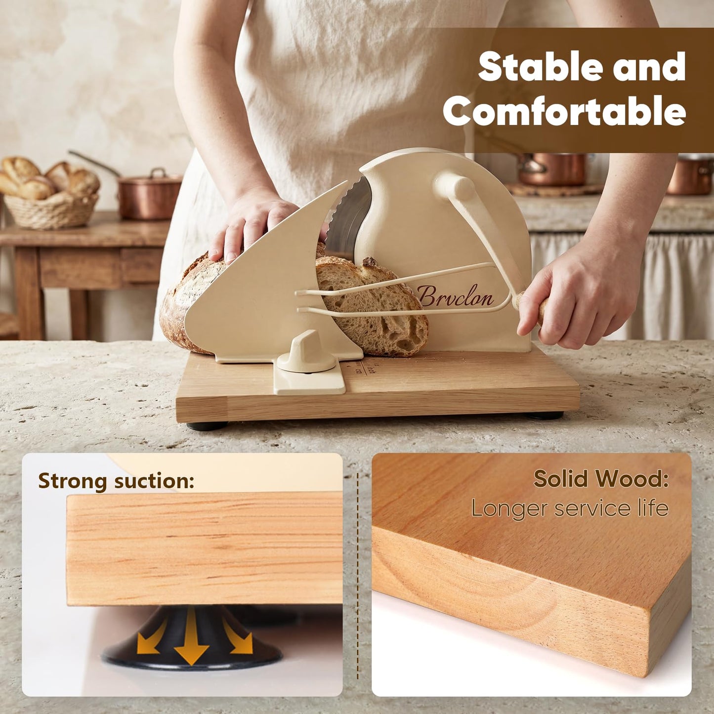 Brvclon Foldable Manual Bread Slicer with Wooden Board & Foldable Handle,0-0.9" Adjustable Thickness,Serrated Blade & Suction Cup,Bread Slicer for Homemade Sourdough Bread,Soft Bread,Bagels,and More