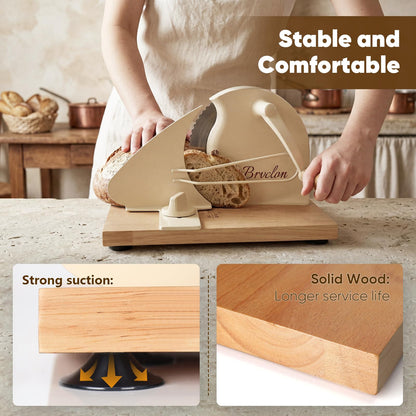 Brvclon Foldable Manual Bread Slicer with Wooden Board & Foldable Handle,0-0.9" Adjustable Thickness,Serrated Blade & Suction Cup,Bread Slicer for Homemade Sourdough Bread,Soft Bread,Bagels,and More