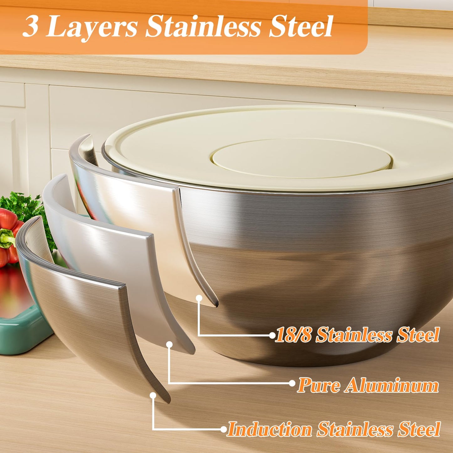 Winproper Mixing Bowls with Lids Set, 6 PCS Stainless Steel Mixing Bowls with 3 Grater Attachments, Kitchen Food Storage Organizers Nesting Mixing Bowl, Large Size 4.5, 3.5, 2.1, 1.5, 1.1, 0.7QT