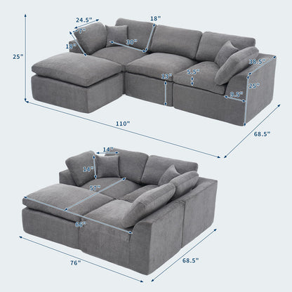 Modular Sectional Couches for Living Room, 110" Cloud Couch, 4 Seater l-Shaped Chenille Sofa Movable Ottoman