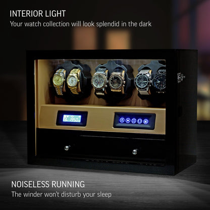 Automatic Watch Winder with 6 Storage Slots, LED Light and Automatic Motor-Stop Option