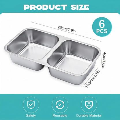 BSTUR 6 Pack Stainless Steel Snack Containers, 2 Compartment Reusable Metal Snack Boxes Containers with Leak-Proof Lids, Compact Lunch Box Food Storage Container