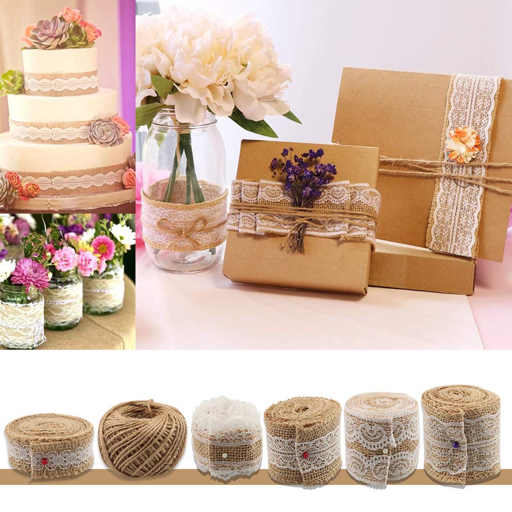 GUIFIER 30PCS Burlap Hessian Flowers Set, Include 24 Burlap Flowers and Bowknots, 5 Lace Burlap Ribbon Rolls,1 Twine Ribbon and Glue Point for Wedding Party Decor Home Embellishment DIY Crafts