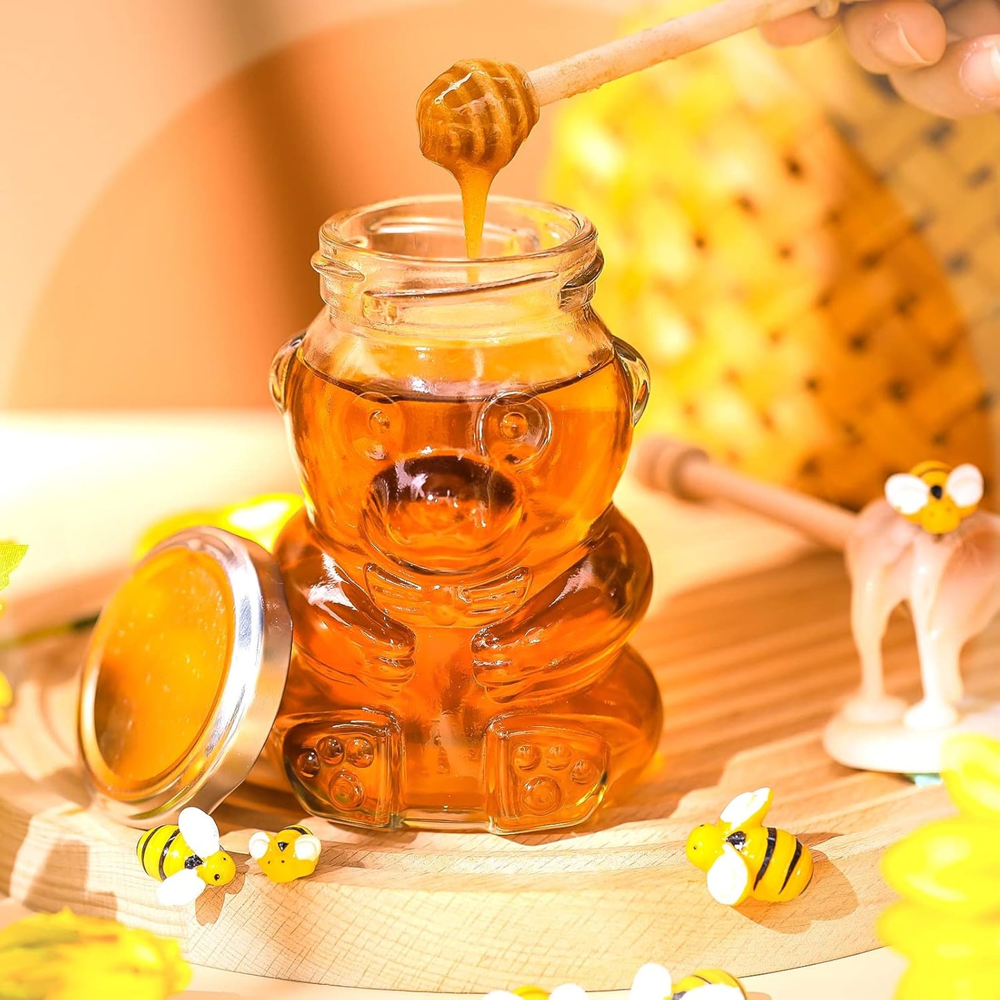 24 Pack 9.5 oz Patelai Glass Bear Shaped Honey Jars with Lids Reusable Small Tilted Bear Glass Bottles Containers