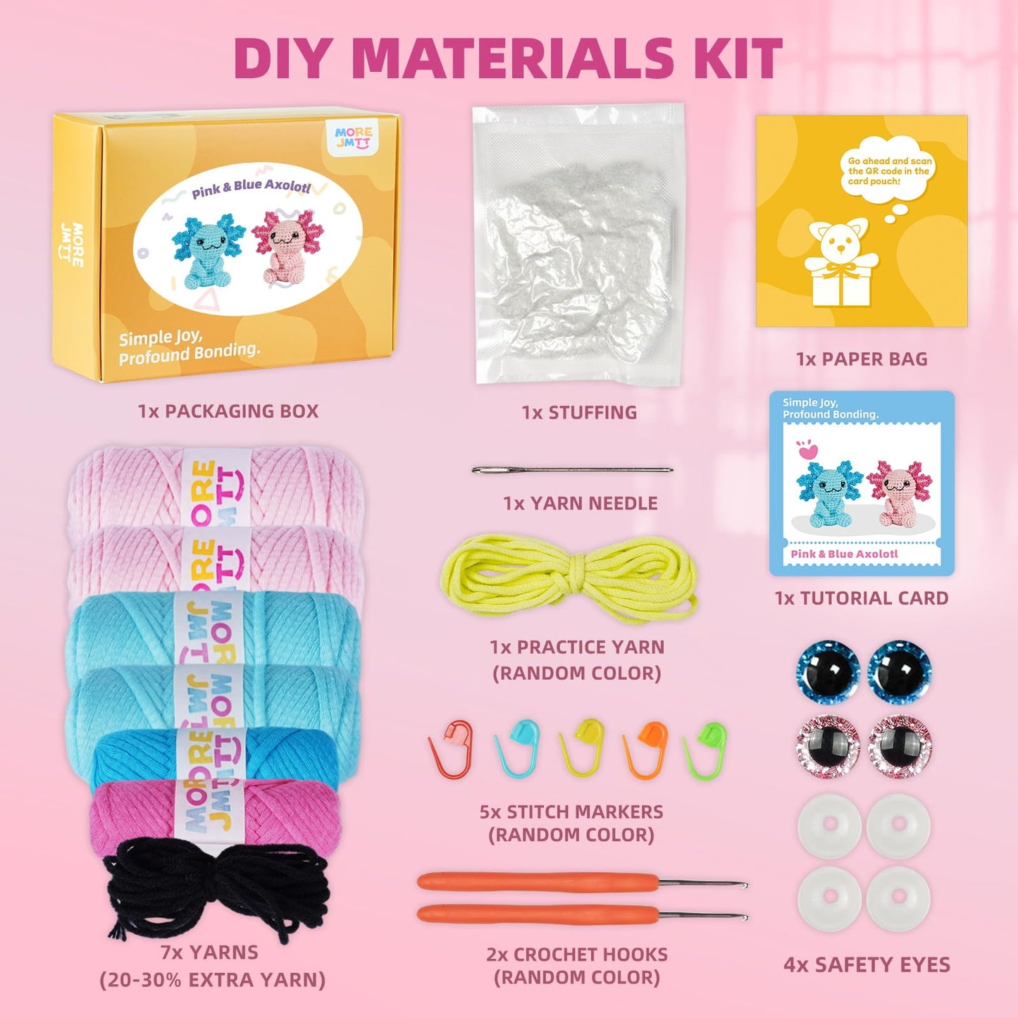 MOREJMTT Crochet Kit for Beginners, Crochet Animal Kits,Crocheting Kit for Starters with Step-by-Step Video Tutorials, Beginner Crochet Kits for Adults (2Pack Axolotl)
