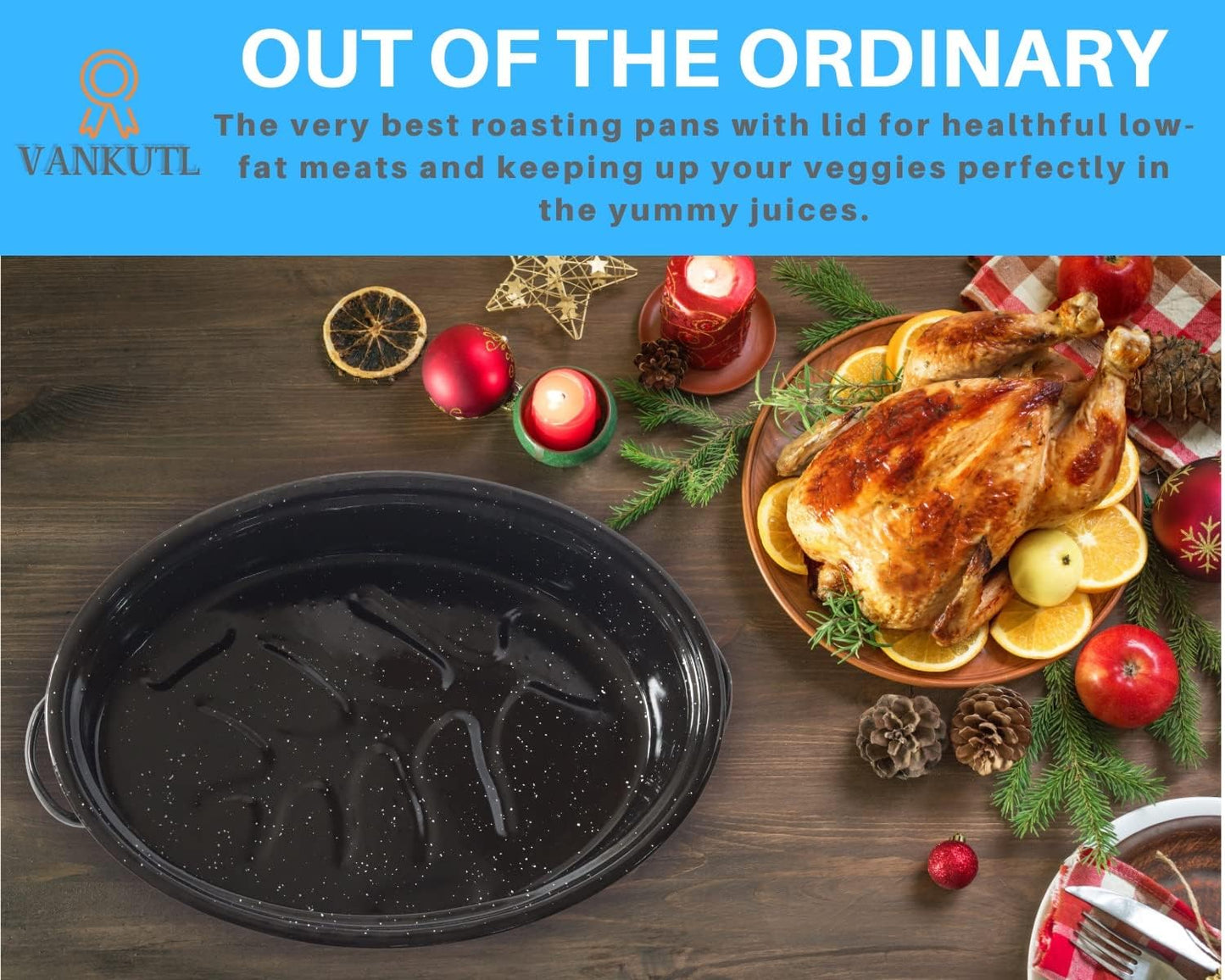 16 Inch Roasting Pan with Lid - Covered Oval Roaster - Enamel Carbon Steel Roaster Pot - Excellent Heat Distribution and Non-sticky - for Turkey Chicken Meat & Vegetables -Birthday and Holiday gifts