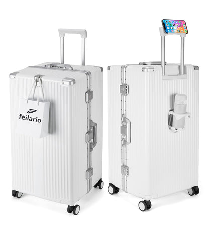 feilario 30in Super Large Captain Aluminum Frame Hardside Spinner Wheels Luggage, Removable Wheels Zipperless Checked Suitcase with Cup Holder/Phone Holder (Ivory White,30in)