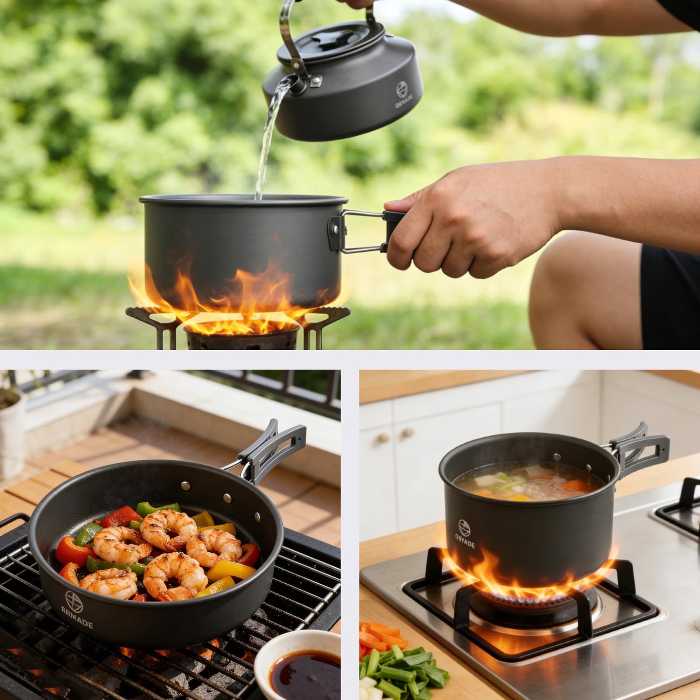 17-Piece Camping Cooking Set with Kettle, Non-Stick Anodized Aluminum Camping Cookware Set – Portable Pot & Pan Kit for Outdoor Hiking, Picnics, Backpacking, Survival, Mesh Carry Bag Included