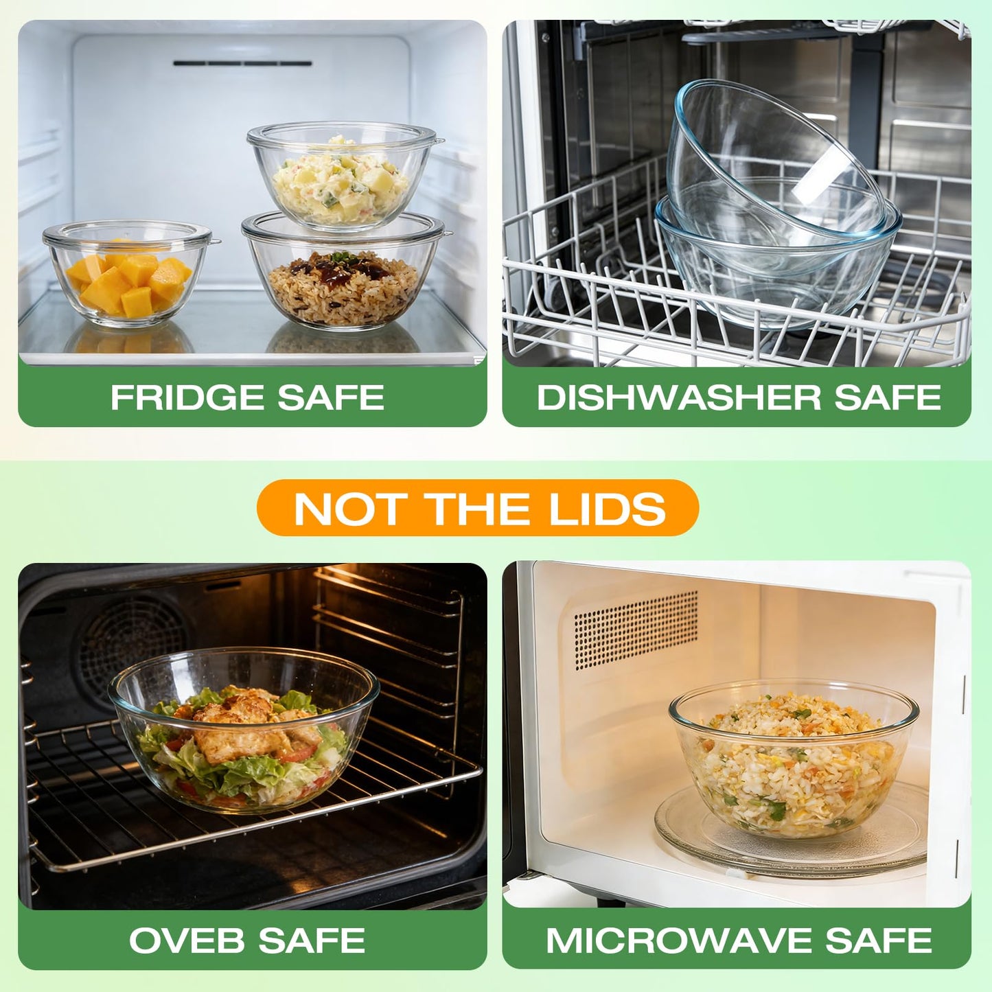 Glass Mixing Bowls with Lids Set(4.7QT, 2.9QT, 2.2QT, 1.1QT, 0.53QT), 5 Packs Thick Glass Bowls Set, Large Nesting Bowls for Kitchen Baking, Prepping, Cooking, Dishwasher, Oven, Microwave Safe