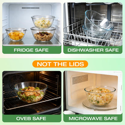 Glass Mixing Bowls with Lids Set(4.7QT, 2.9QT, 2.2QT, 1.1QT, 0.53QT), 5 Packs Thick Glass Bowls Set, Large Nesting Bowls for Kitchen Baking, Prepping, Cooking, Dishwasher, Oven, Microwave Safe