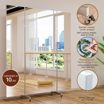 HDmuxel Full Length Mirror with 360° Wheels, 63" x 71" Foldable Floor Mirror with Nano-Tech Shatterproof Film - Ultra-Large Mobile Mirror for Home Gym, Dance Studio & Commercial Spaces (Black)