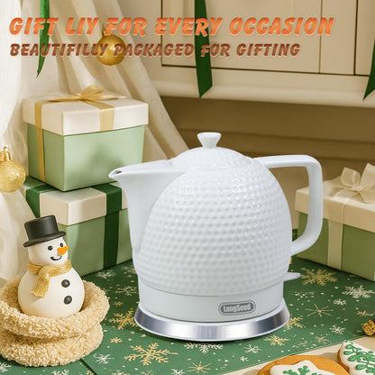 LONGSEED Electric Kettle, 1.2L Ceramic Tea Kettle with embossed design, BPA-Free,1500W Water Boiler with LED Light, Auto Shut-Off and Boil-Dry Protection,Pure white relief sculpture