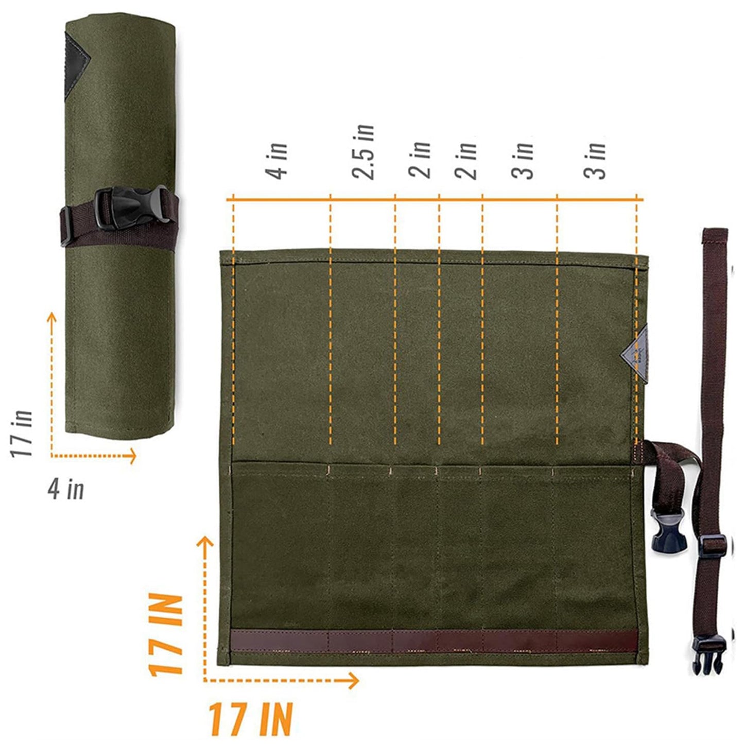 Waxed Canvas Knife Roll with Straps and Handle, Portable Travel Knifes Bag, Large Chef Knife Bag with Handle, Storage and Protection for Chef Knives, Knives Holders Protectors - Green