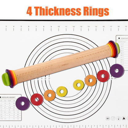 Mepple Rolling Pin with Thickness Rings for Baking,Fondant, Pizza, Pie Crust, Cookie, Pastry, Roller Rod for Dough Thickness, 13.6" Adjustable Wooden Rolling Pin with 4 Thickness Rings