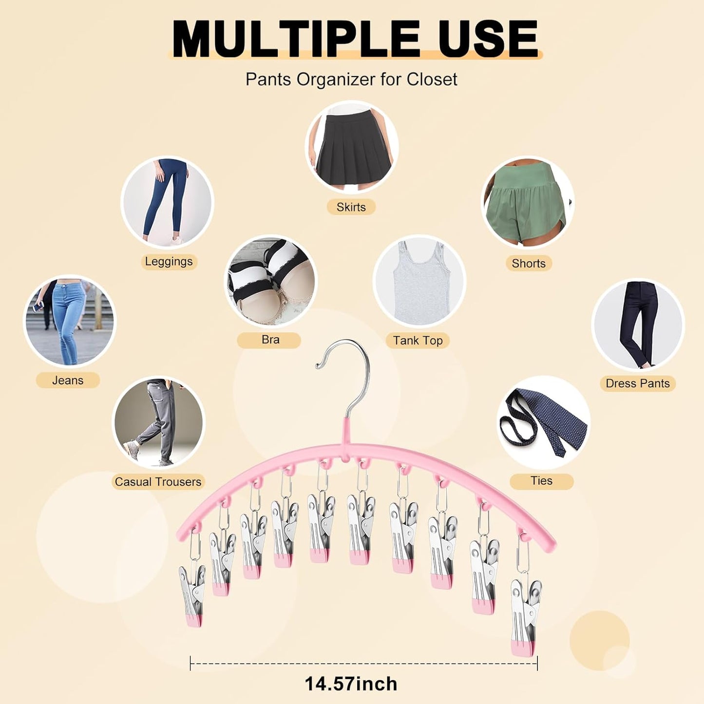 Skiennix Legging Organizer - Space-Saving Metal Yoga Pants Hangers | 2 Pack with 10 Clips, Pink