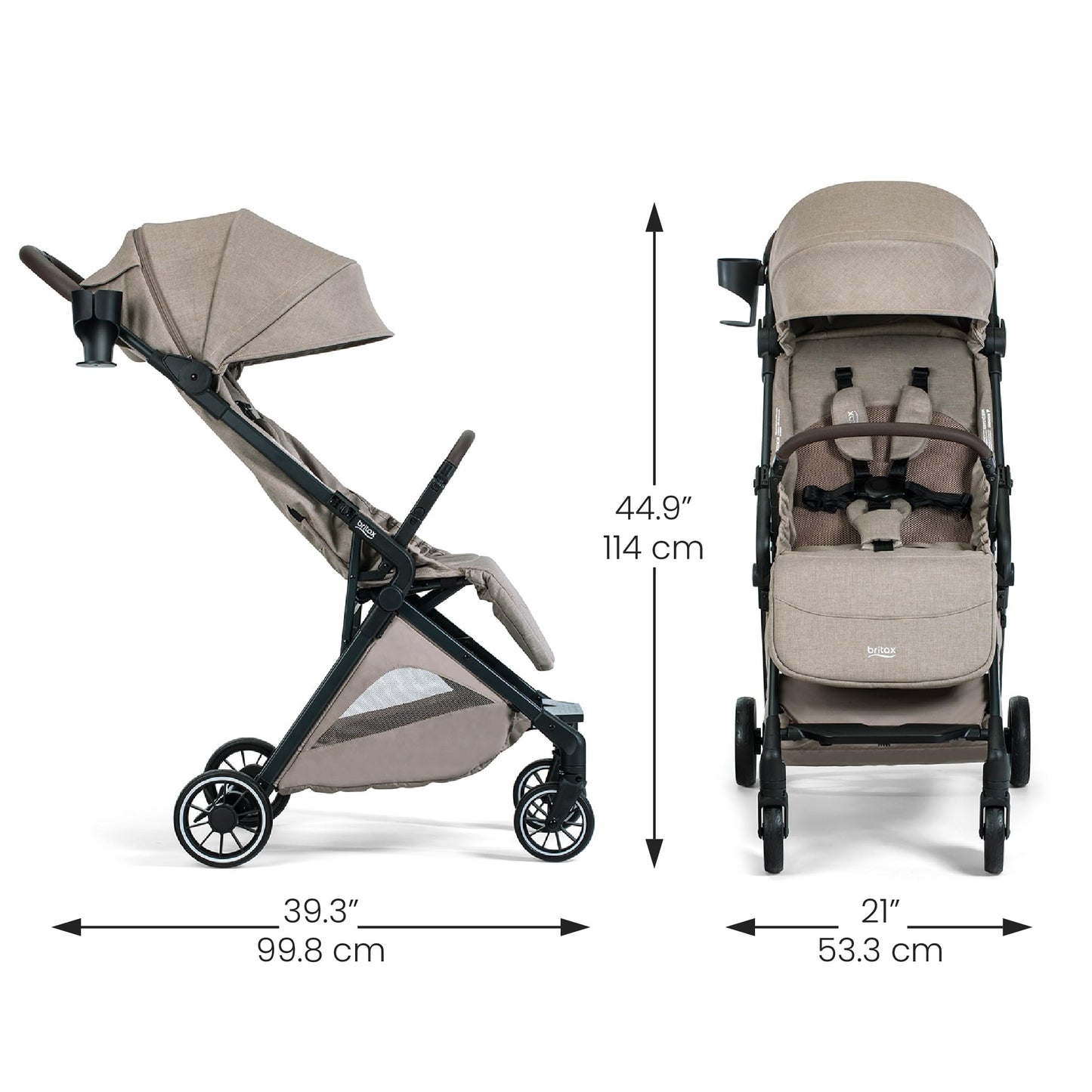 Britax Juniper+ Compact Stroller, Portable & Lightweight On-The-Go Stroller with Fastpack & One-Hand RapidFold, Infant Car Seat Compatible, Built-in Carry Strap, Ventilating Fabrics — Teak