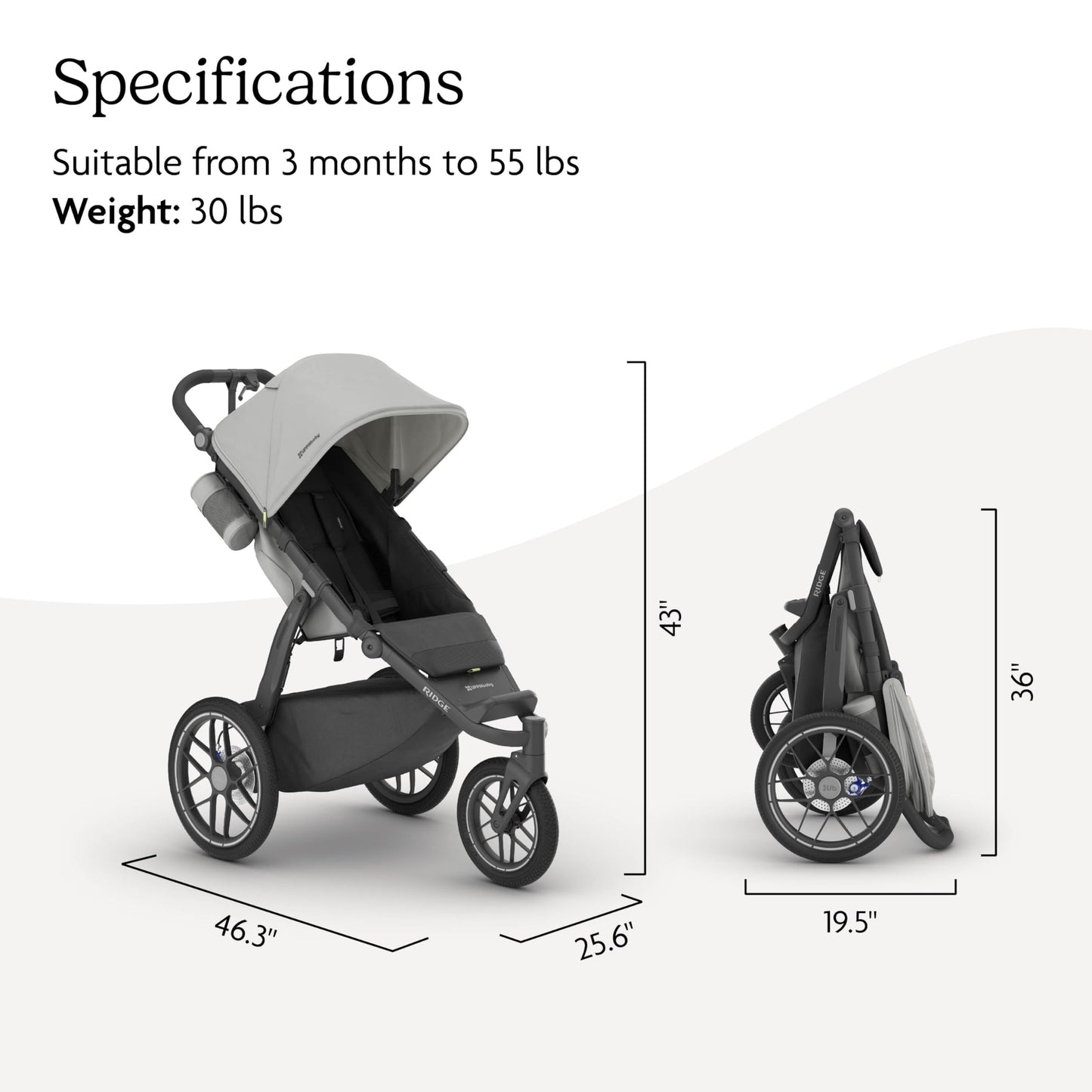 UPPAbaby Ridge V2 Jogging Stroller | All-Terrain Performance Suspension + Never-Flat Tires Built for Walking, Running + Trails | Water Bottle Holder Included | Savannah (Pearl Grey | Carbon Frame)