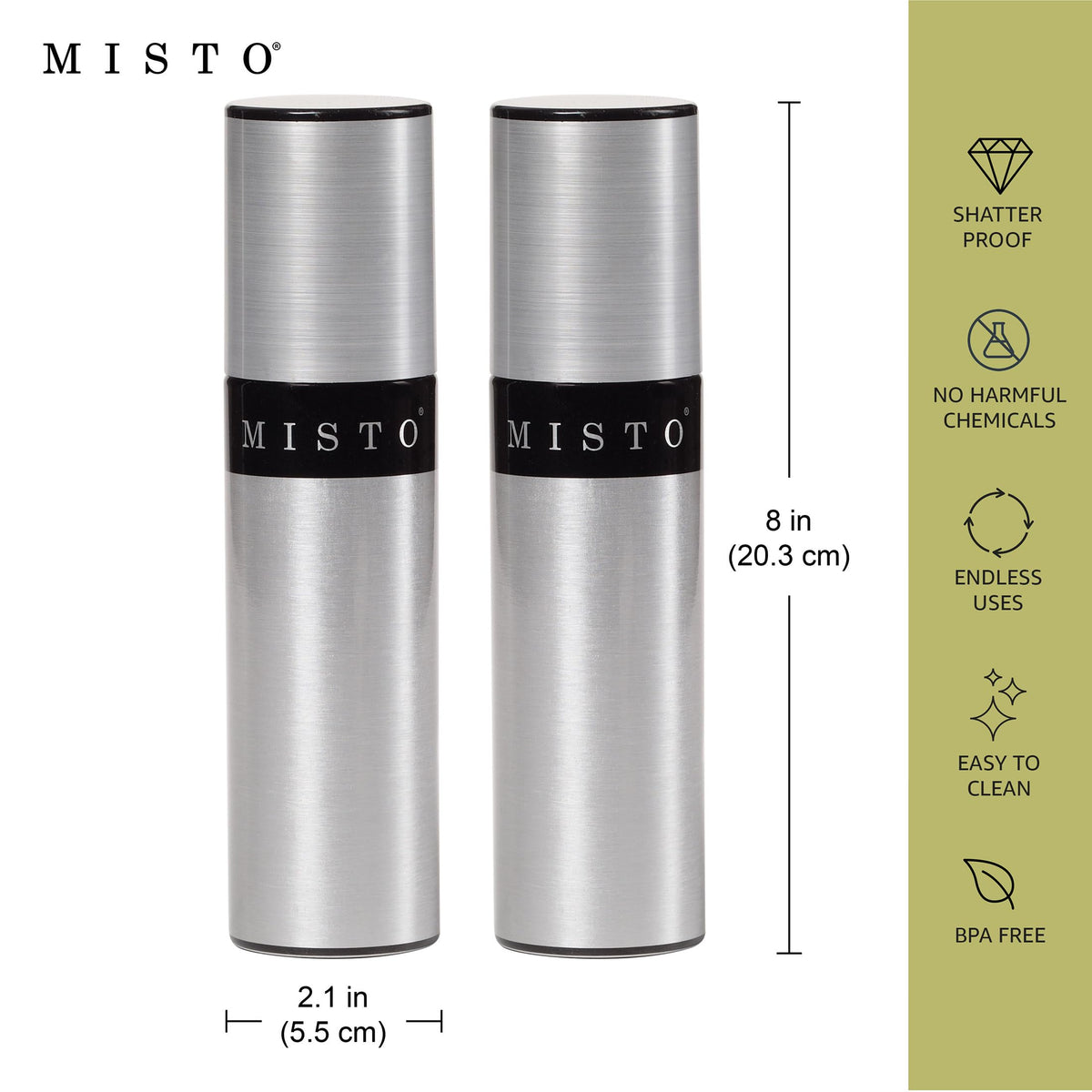 Misto Aluminum Oil Sprayer, Set of 2, Versatile Refillable Aerosol Sprayers for Olive Oil, Vinegar, Lemon Juice, Dressings, and More, Ideal for Cooking, BBQ, and Air Fryers
