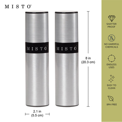 Misto Aluminum Oil Sprayer, Set of 2, Versatile Refillable Aerosol Sprayers for Olive Oil, Vinegar, Lemon Juice, Dressings, and More, Ideal for Cooking, BBQ, and Air Fryers