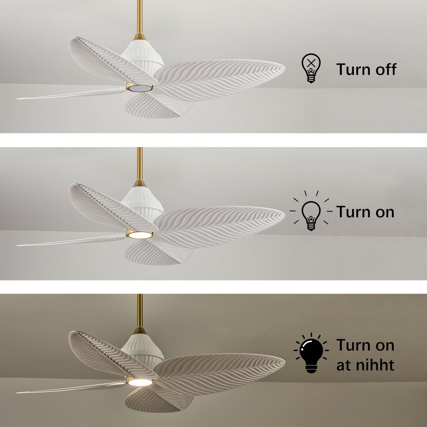 LVYEAYOU 52" Tropical Ceiling Fans with Lights, Indoor Palm Leaf Ceiling Fan with Light and Remote for Living Room Bedroom, ABS Blades, Dimmable LED Lights, 6 Speeds, Adjustable Height-White Gold