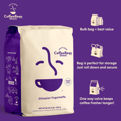 Coffee Bean Direct Ethiopian Yirgacheffe, Whole Bean Coffee, Arabica Coffee, Light Roast, 5 Pound Bag (Pack of 1)