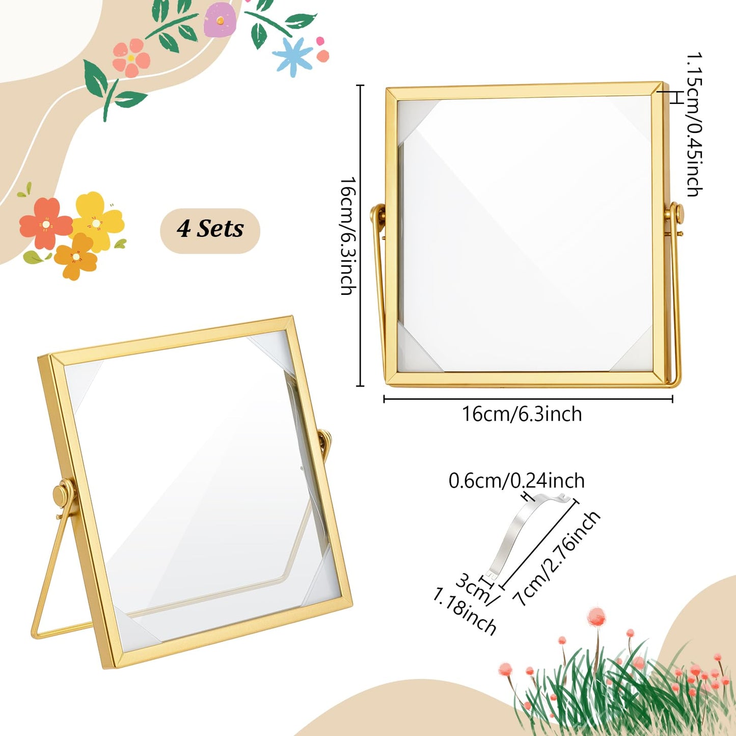 GLASSWINDS 4Pcs Pressed Flower Frame, Double Glass Frame for Pressed Flowers Handmade, 6x6 Inches Clear Glass Picture Frames, Gold Floating Frames for Press Flower Tabletop Display DIY Birthday Gift