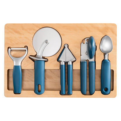 OOU Kitchen Gadget Set, 5 Piece Premium Zinc Alloy Kitchen Tools with Ergonomic TPE Handles – Includes Can Opener, Pizza Cutter, Garlic Press, Ice Cream Scoop, Peeler, and Wooden Storage Tray
