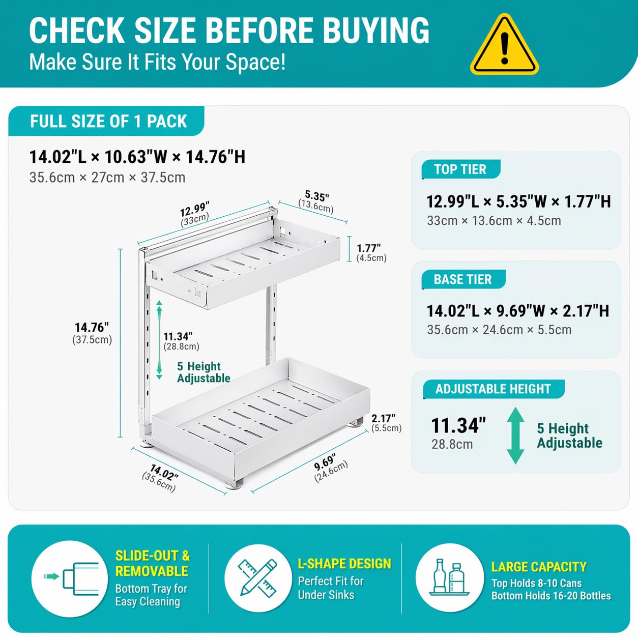 Under Sink Organizer, Bathroom Counter Organizer, 2 Packs 2-Tier Metal, Under Cabinet Storage, Makeup Storage, Adjustable Height & Slide-Out Drawer for Kitchen Bathroom, White