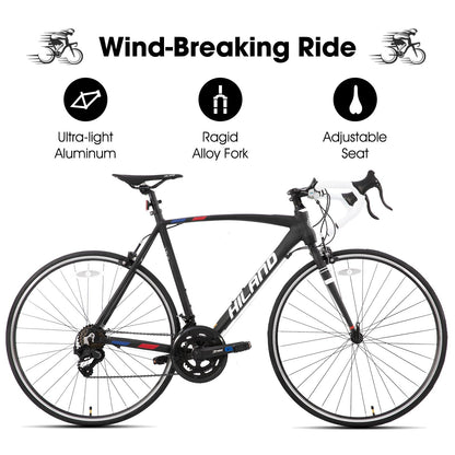 HILAND 14 Speeds 700C Road Bike, Light Weight Aluminum Frame Sport Bike, Racing Bike for Men Women Adult Bicycle 57 CM Frame Black