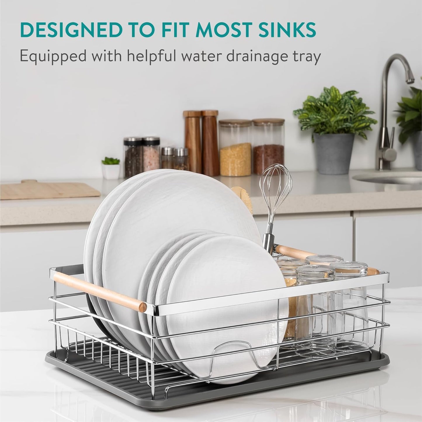 Navaris Compact Dish Rack with Drip Tray & Cutlery Holder, Easy to Assemble and Clean, Silver