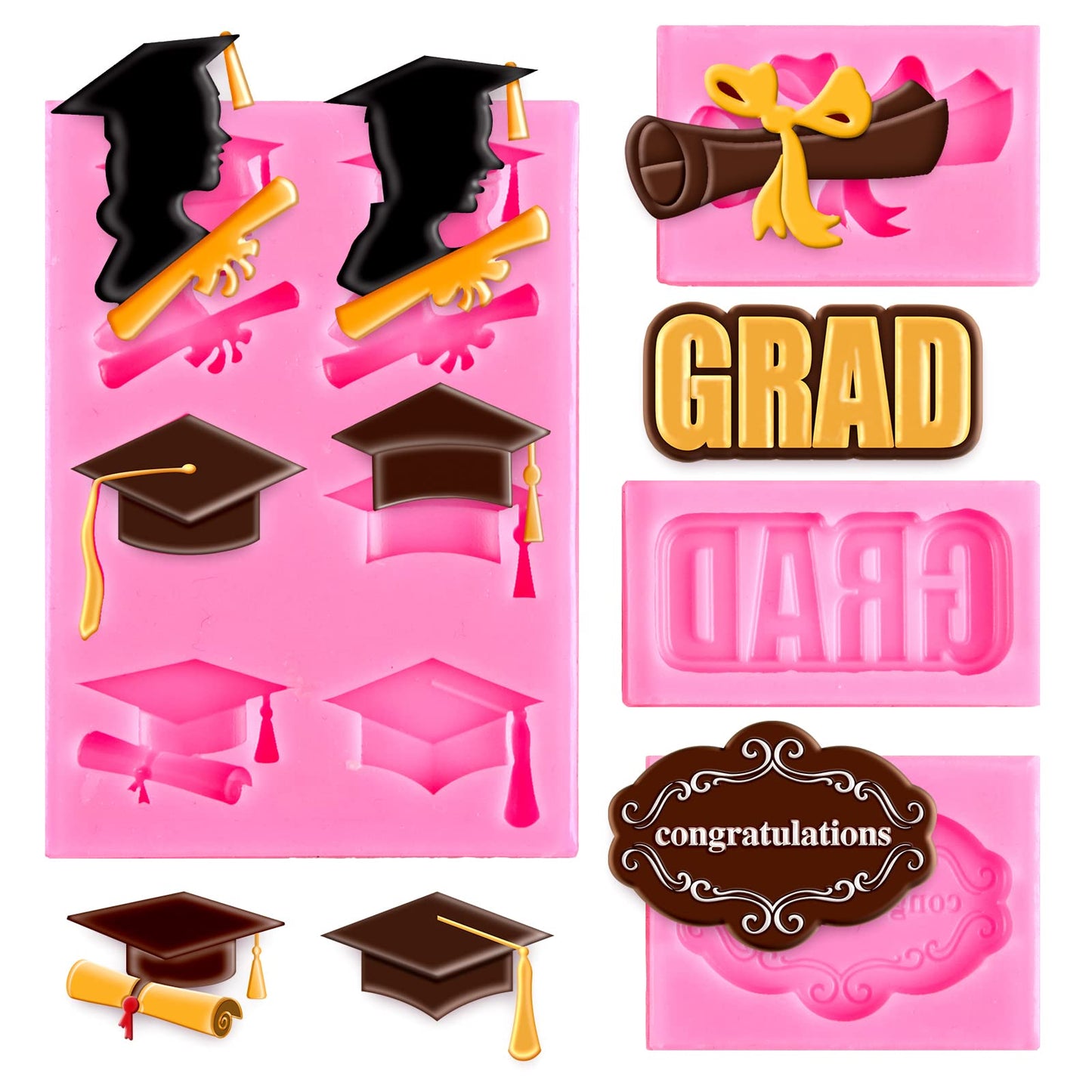 Whaline 4 Pack Graduation Mini Fondant Molds Silicone Cap Diploma mould Congrats Grad Congratulations Candy Chocolate Mould for Party Soap Jelly Cake Cupcake Topper Decoration