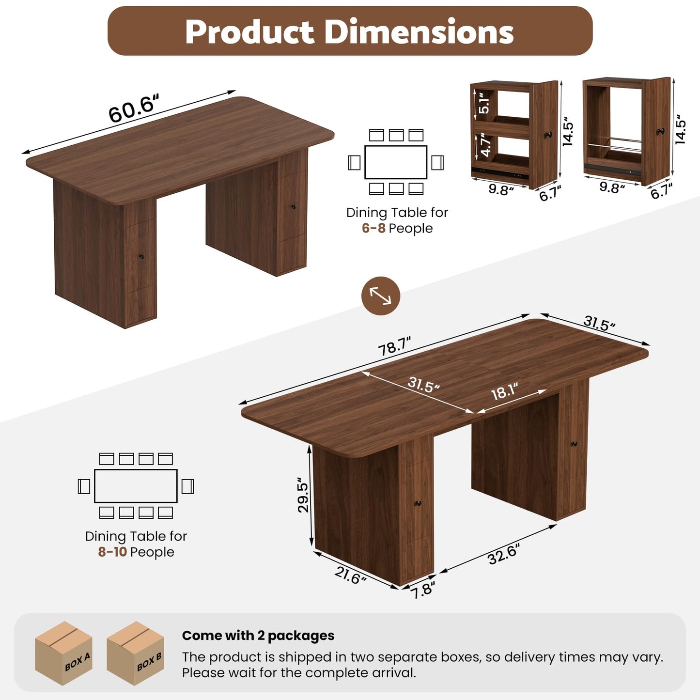 Extendable Dining Table for 6-10 People, 63" to 79" Modern Farmhouse Rectangular Kitchen Table with 4 Drawers, Space-Saving Dining Room Table with Removable Leaf for Living Room Home Office (Walnut)