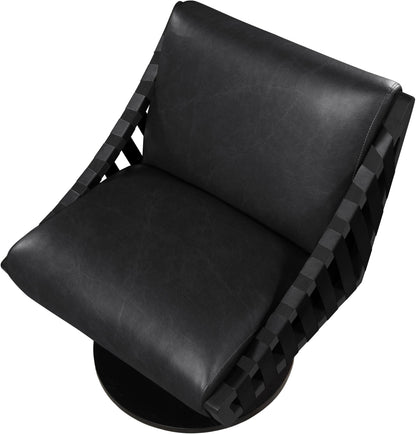 Meridian Furniture 33002Black Millwin Collection Art Deco Swivel Accent Chair with Rich Black Vegan Leather, Black Finish, Solid Wood Frame and Base, 28" W x 30" D x 32.5" H, Black