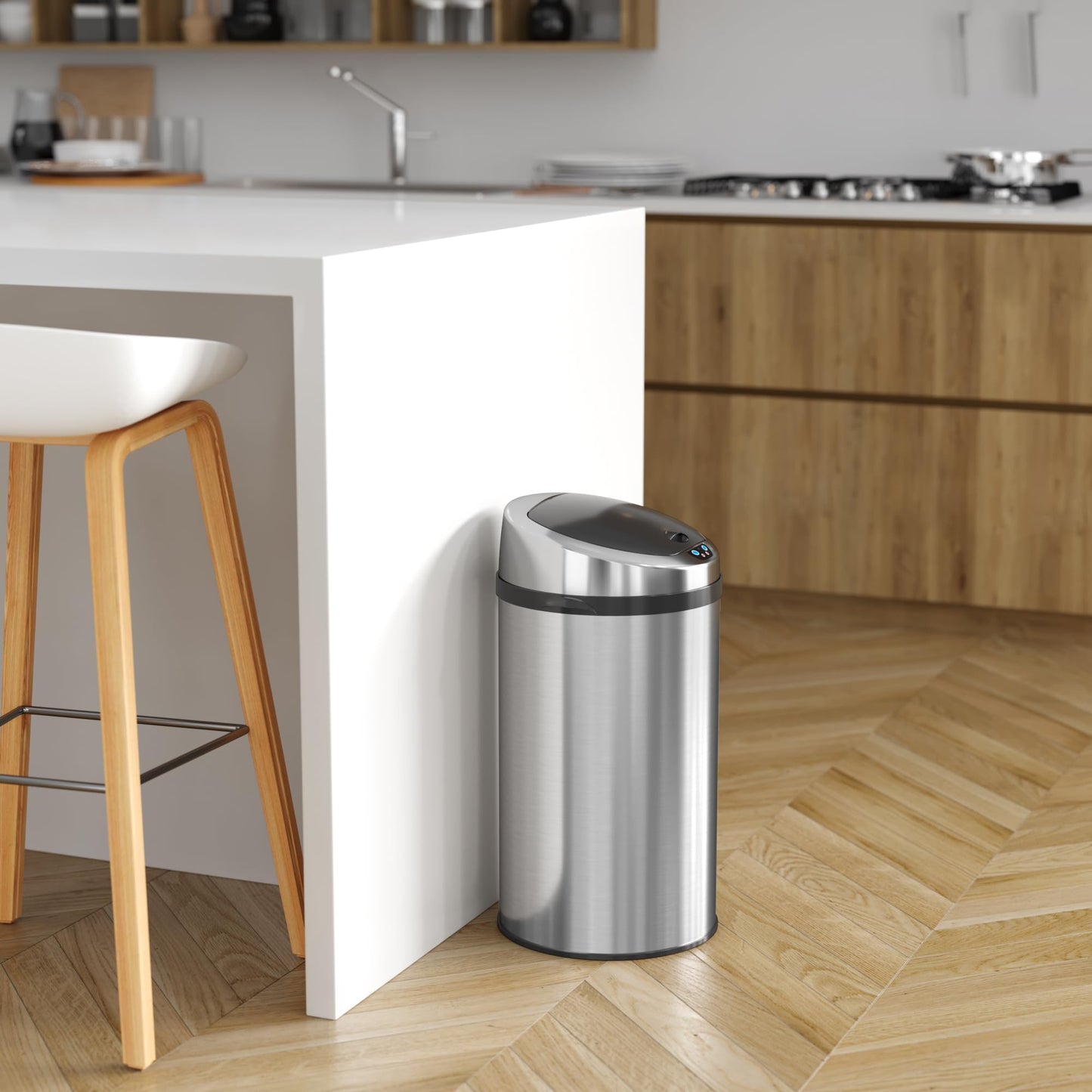 iTouchless 8 Gallon Touchless Sensor Kitchen Trash Can with Odor Control System, Stainless Steel, Round Garbage Bin for Home or Office