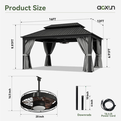 Aoxun 12'x16' Hardtop Gazebo, Aluminum Frame Canopy with Double Galvanized Steel Roof, Outdoor Metal Pavilion with Netting Curtains and 20 inch Ceiling Fans with Lights for Backyard, Patio and Deck