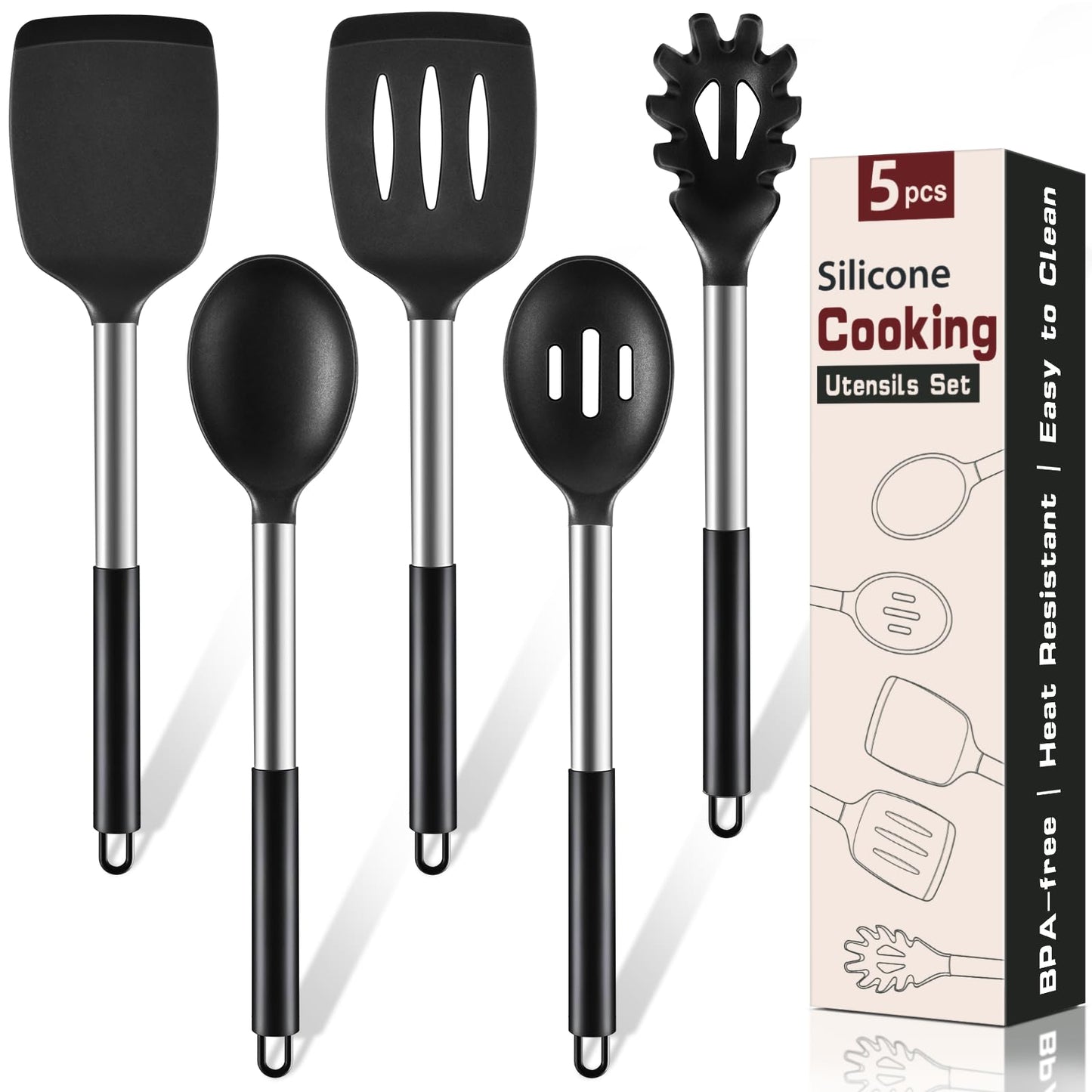 5Pcs Silicone Cooking Utensils Set, Heat Resistant Kitchen Tools Include Solid&Slotted Spatula, Cooking Spoon and Pasta Server, Silicone Kitchen Utensils set for Nonstick Cookware Flipping, Black