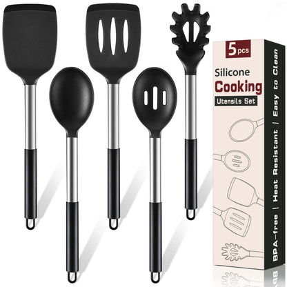 5Pcs Silicone Cooking Utensils Set, Heat Resistant Kitchen Tools Include Solid&Slotted Spatula, Cooking Spoon and Pasta Server, Silicone Kitchen Utensils set for Nonstick Cookware Flipping, Black