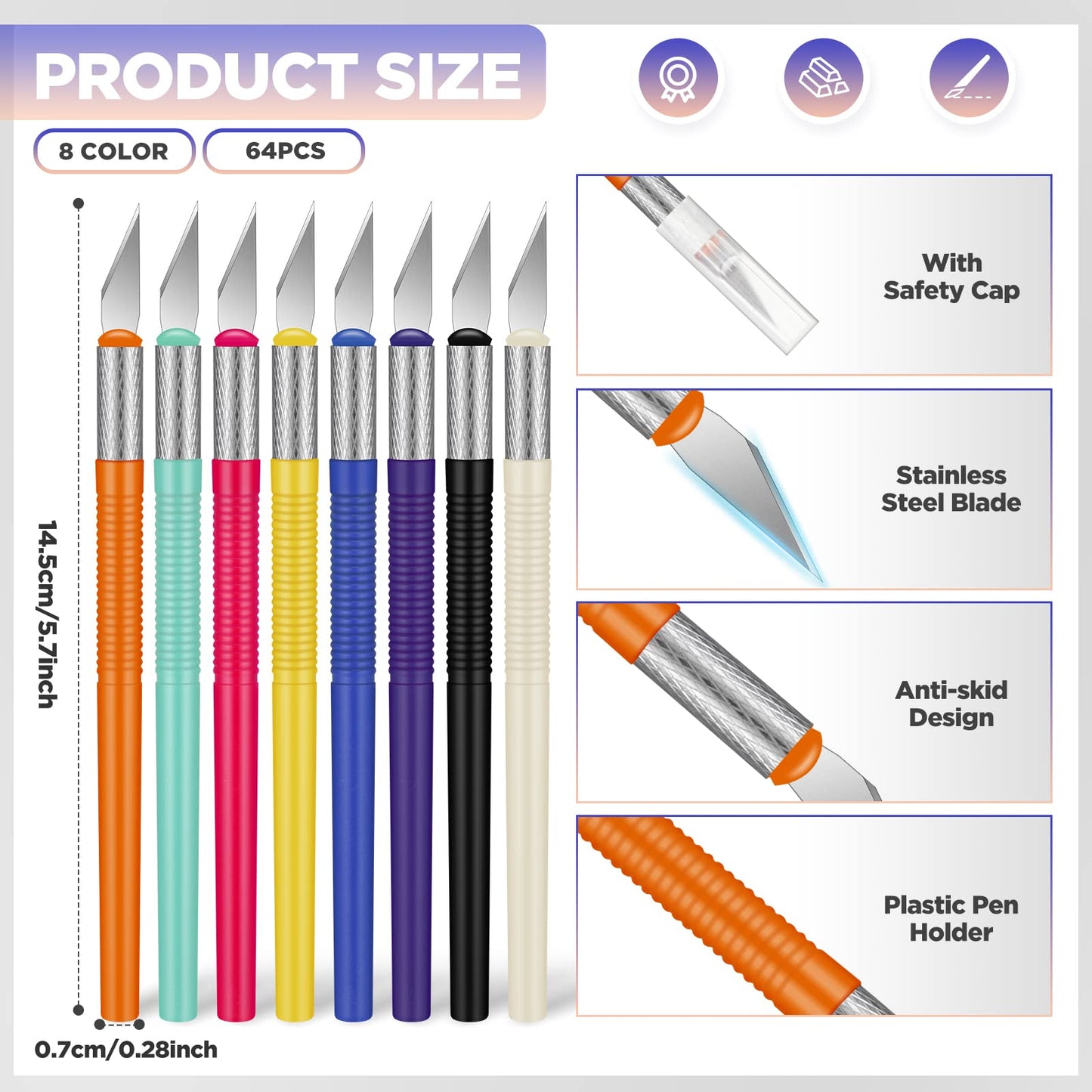 Macarrie 64 Pcs Exacto Knife Craft Knife Set Steel Hobby Knife Precision Knife Precision Cutter for DIY Carving Scrapbooking, Art Cutting Carving, Phone Repair Stencil, Multicolor, 5.71 Inch