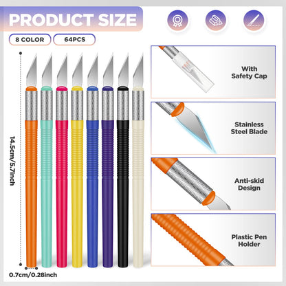 Macarrie 64 Pcs Exacto Knife Craft Knife Set Steel Hobby Knife Precision Knife Precision Cutter for DIY Carving Scrapbooking, Art Cutting Carving, Phone Repair Stencil, Multicolor, 5.71 Inch
