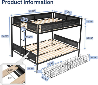 DNYN Queen Over Queen Bunk Bed with Drawers for Kids Bedroom,Space Saving Metal Bedframe w/Ladder & Safety Rails,Easy Assembly & No Box Spring Needed,for Dorm,Guest Room, Black