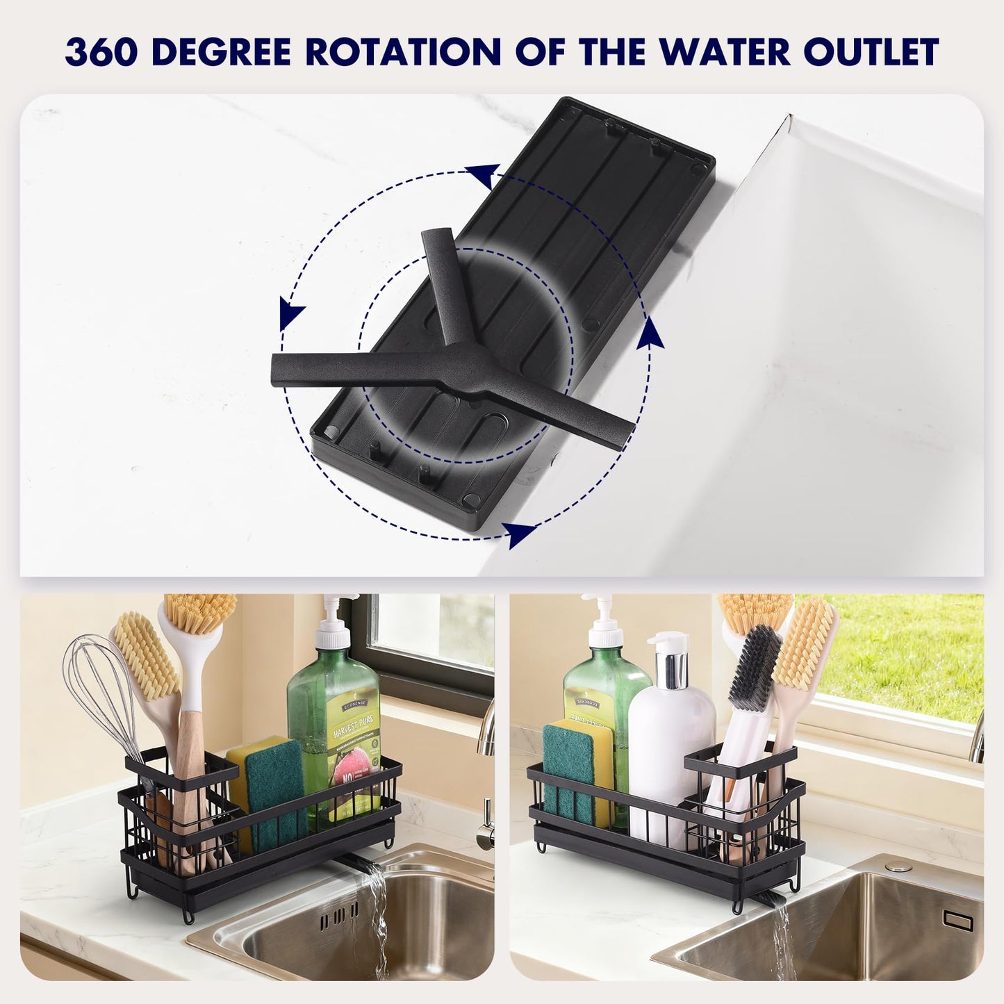Aurchdly Sponge Holder for Kitchen Sink, Sink Caddy Organizer with High Brush Holder, Kitchen Countertop Organizers and Storage Essentials, Kitchen Decor, Rustproof 304 Stainless Steel