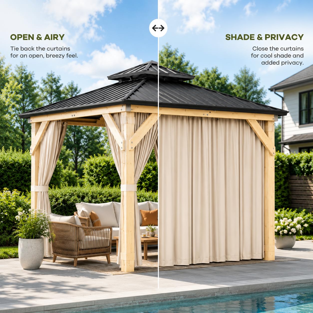 10x10 FT Hardtop Gazebo Outdoor Wooden Pavilion with Cedar Wood Frame Double Galvanized Steel Roof Netting and Curtains Heavy Duty Weather Resistant Patio Shelter for Garden Backyard Khaki