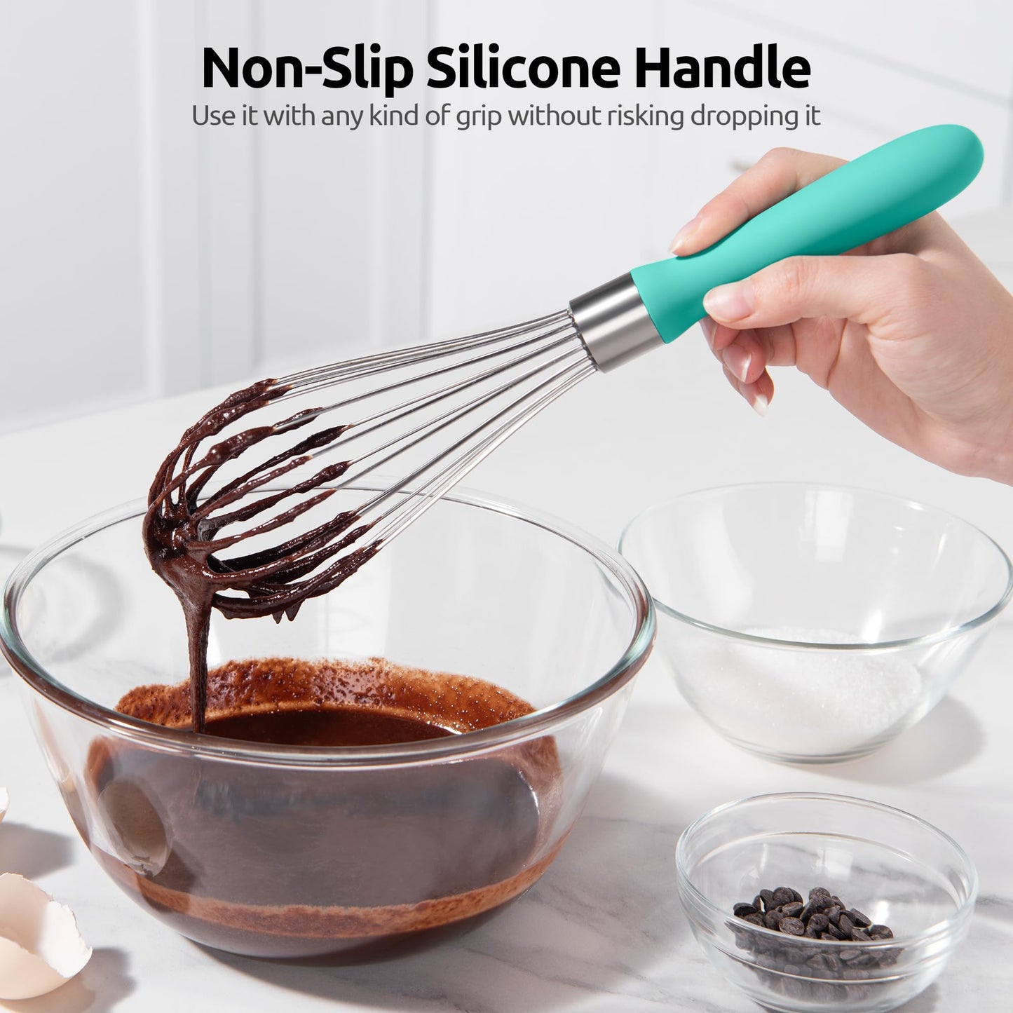 U-Taste Balloon Whisk for Cooking: 18/10 Stainless Steel Kitchen Wire Whisk, Medium Heavy Duty Egg Beater, Manual Baking Mixing Tool with 8 High Flex Wires for Stirring, Blending Sauce (Aqua Sky)